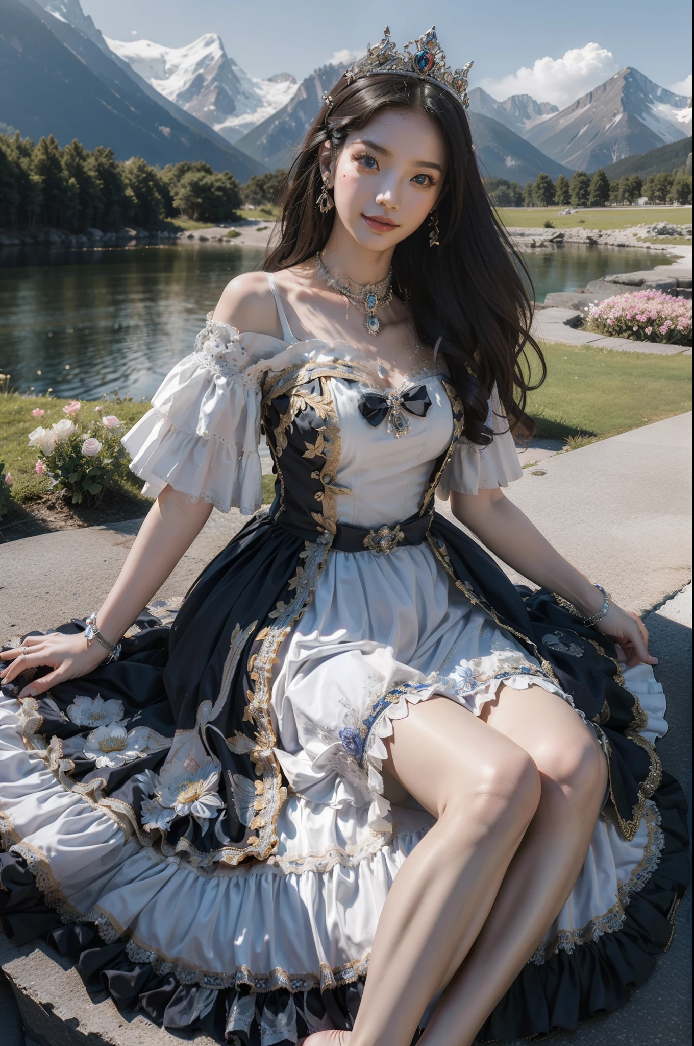 ((top-quality、​masterpiece、photographrealistic:1.4、8K))、1 beautiful detailed girl、extremely detailed eye and face、beatiful detailed eyes、（Dress with lots of flowers、Princess）、Luxury accessories、Elegant smile、natta、（The background is a hill and mountains with many flowers in bloom）、Cinematic lighting、Textured skin、Super Detail、high detailing、High quality、hight resolution、（looking at the viewers）、full bodyesbian、europian
