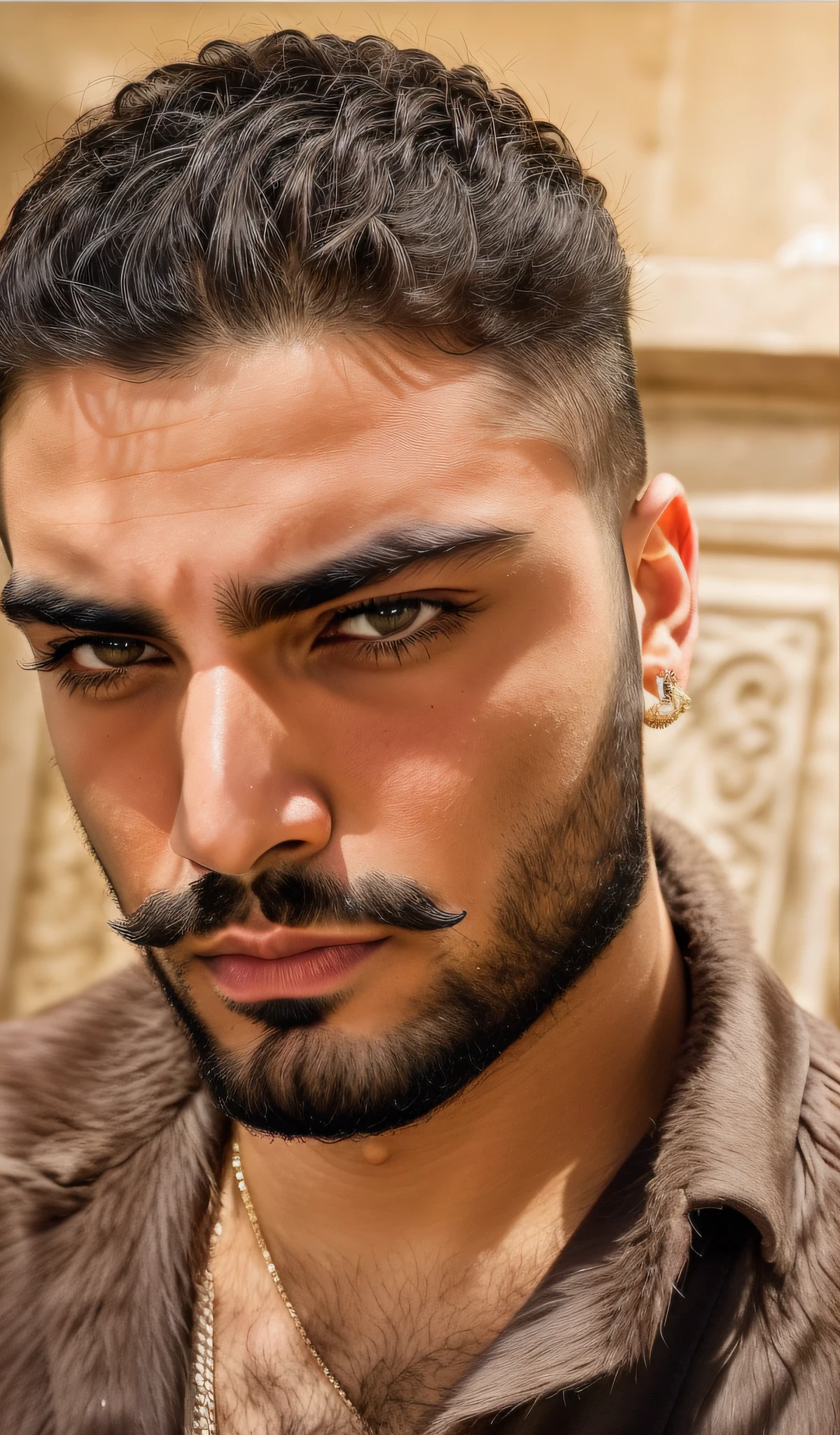 arafed man with a beard and mustache looking at the camera, unibrow, zayn malik, singer maluma, blue symmetric eyes 24yo, male vampire of clan banu haqim, heavy eyebrows, sharp eyebrows, handsome face, sharp black eyebrows, masculine face, menacing look, profile image, handsome eyes, big bold thick eyebrows