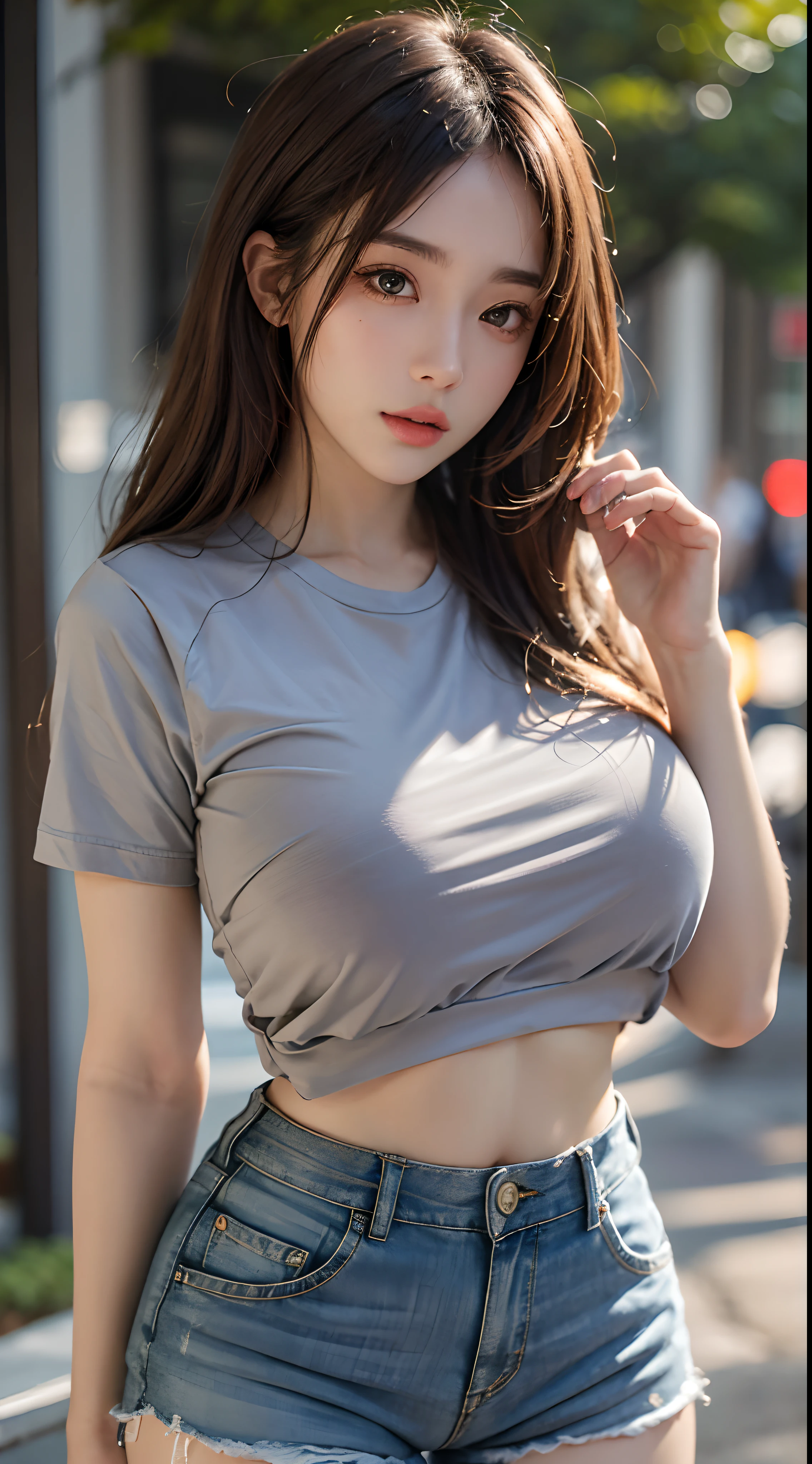 ((top quality, 8k, masterpiece: 1.3)), sensual woman, 1 girl, (slender figure: 1.2), dark brown hair, (outdoor, shirt, shorts: 1.1), ultra detailed face, detailed lips, detailed eyes, double eyelids, (huge breasts:1.2)