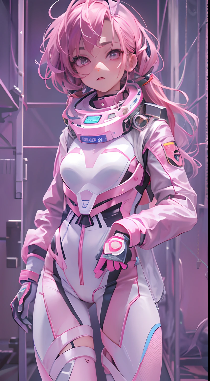 （tmasterpiece：1.3），（best qualtiy：1.3），3d，8K，.1girll，solo，Pink hair，Pink eyes，shelmet，full bodyesbian，Spacesuit，tightsuit，mitts，standing on your feet，Q version