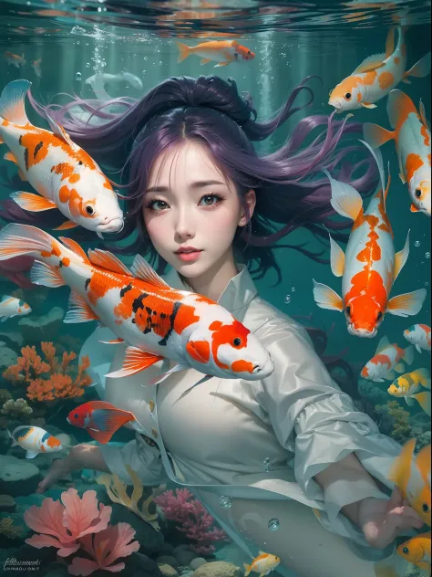 "underwater scene with a mesmerizing koi fish and a graceful girl."