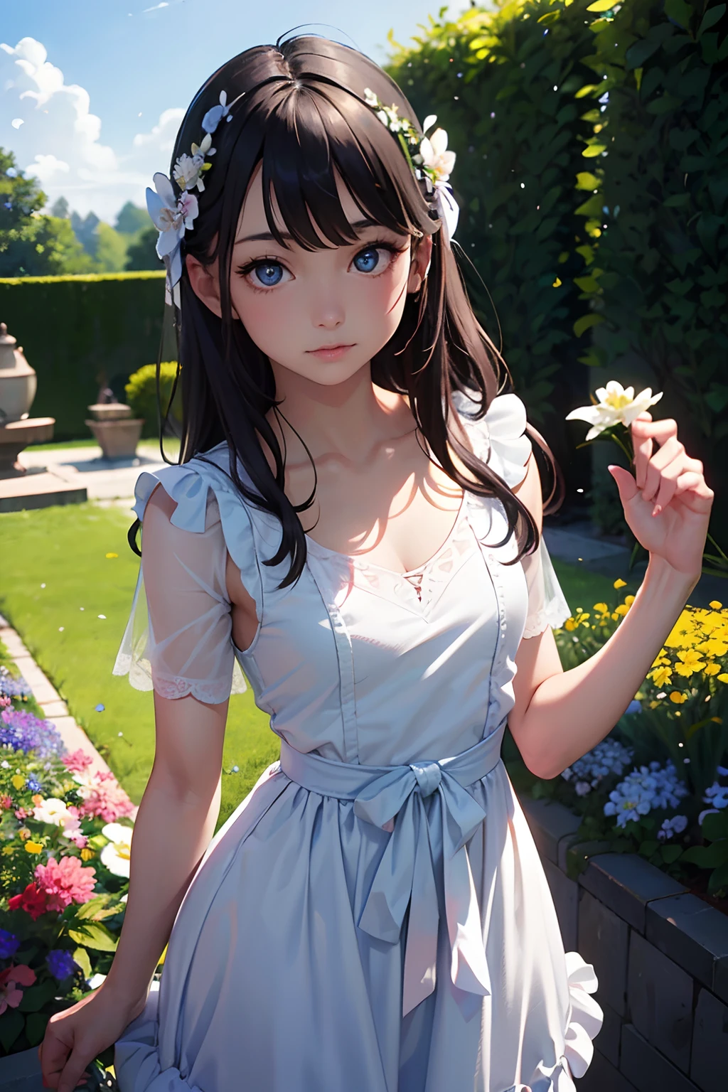 masterpiece, best quality, 1girl, white dress, cowboy shot, thighs, beautiful girl, flowers, many small petals, garden, blue sky, looking at viewer, small waist, official art, raw photo, incredibly absurdres, face light, dynamic lighting, cinematic lighting, ultra realistic, highres, photography, sharp focus, highest detailed, extreme detailed, ultra detailed, finely detail, extremely detailed eyes and face