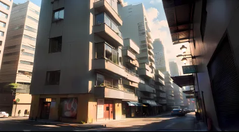 buildings on the side of a street with cars parked on the side, the neat and dense buildings, 2 4 mm ISO 8 0 0 cor, japanese downtown, city street cinematic lighting, sao paulo, Golden Hour in Tokyo, rua moderna da cidade, tall buildings on the sides, cine...