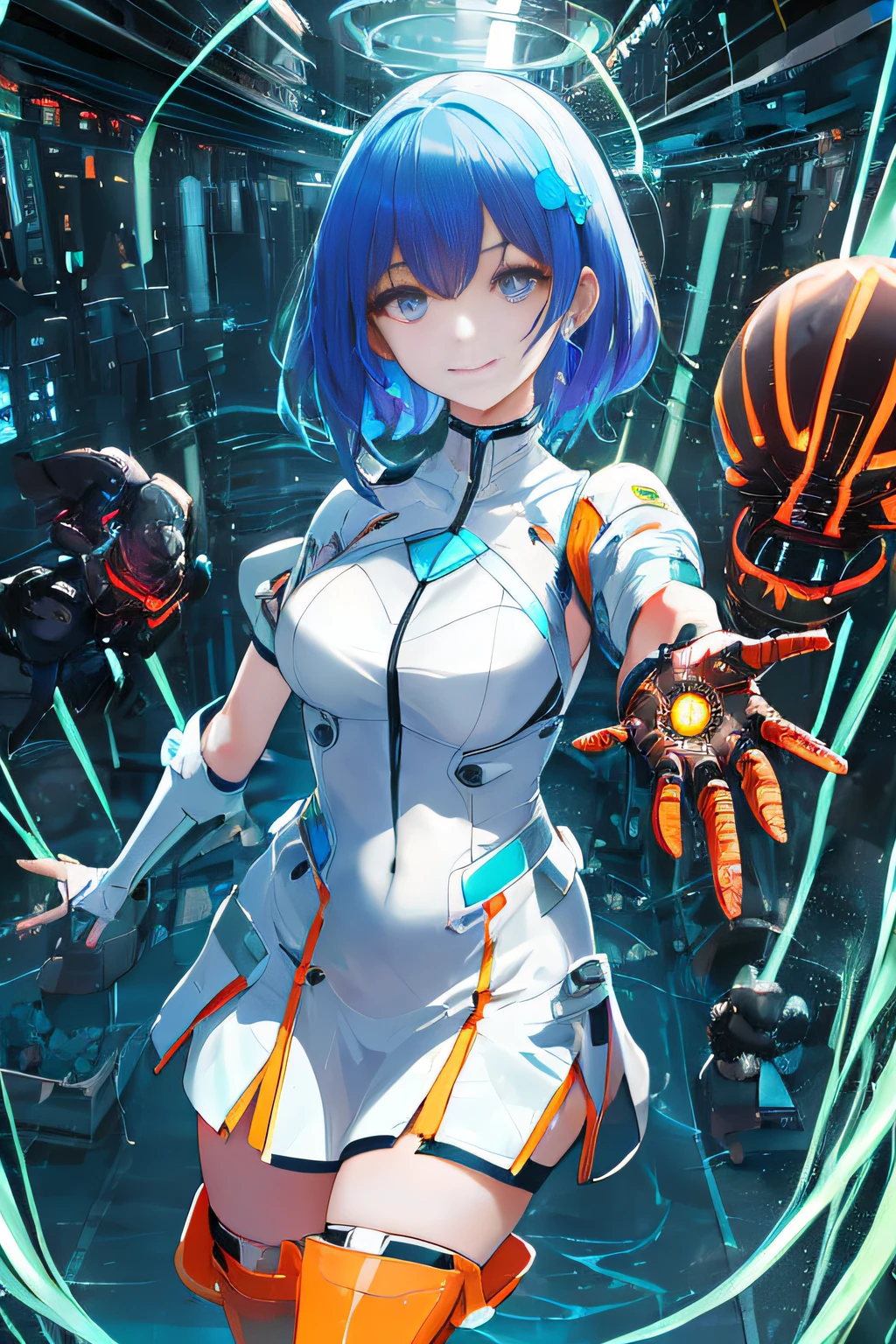 Cybernetic arm and glowing cyber girl,(Sheer and revealing costumes:1.3, )Stand on a post-apocalyptic battlefield cityscape.Surrounded by a network of wires. Surrounded by a web of circuits. (Cyber Girl with Orange Glowing Sword:1.3), Glossy light brown and orange striped shorthair,Cute smile,Perfect round face,A cheerful smile that makes the viewer happy,Proper body proportion,masutepiece,Super high-quality output images,hight resolution,Intricate details,Very delicate and beautiful hair,photos realistic,Dreamy,Professional Lighting,realistic shadow,Solo Focus,Beautiful hands,Beautiful fingers,Detailed finger features,detailed clothes features,Detailed hair features,detailed facial features,