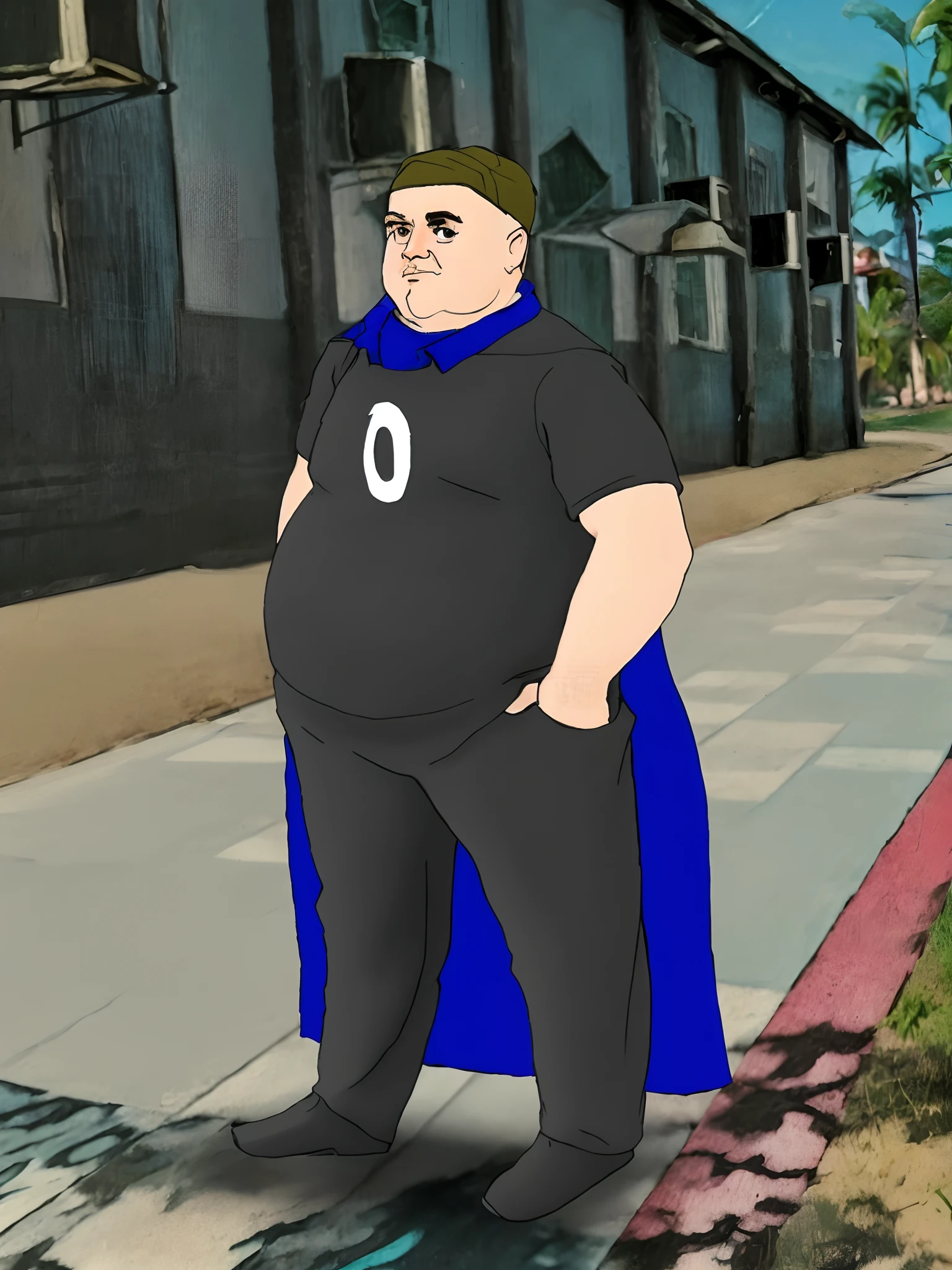 Cartoon of a man in a cape standing on a sidewalk - SeaArt AI