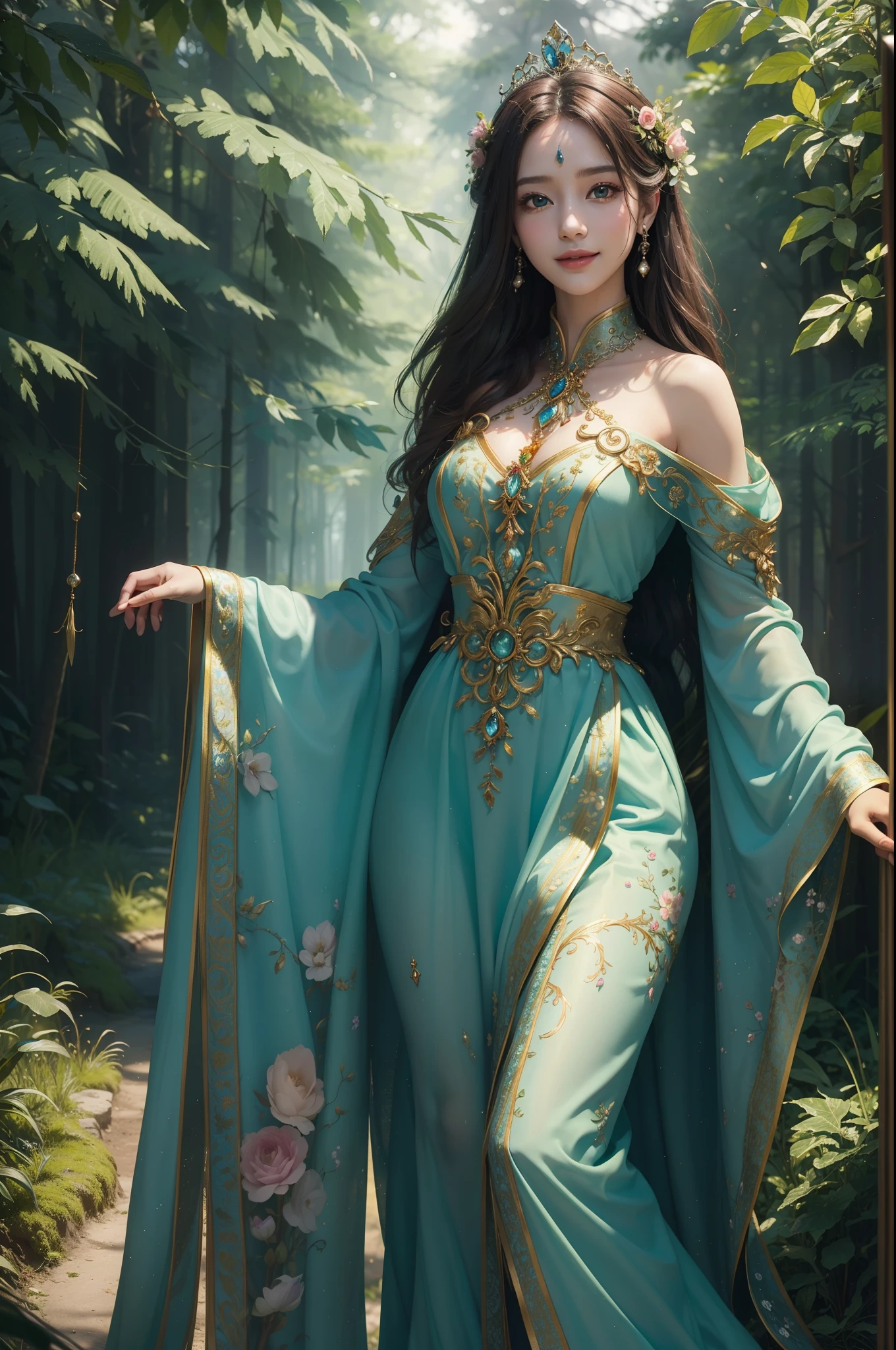 ((top-quality、​masterpiece、photographrealistic:1.4、8K))、Beautuful Women、Beautiful expression、extremely detailed eye and face、beatiful detailed eyes、Leprechaun、（Mysterious and natural dress）、（In the forest of dawn、Fairy princess wearing a crown of flowers、Draw the beginning of a new day。Her smile and the vibrant nature around her、Creating beautiful harmony。）、Cinematic lighting、Textured skin、Super Detail、high detailing、High quality、hight resolution、Looking at Viewer、Elegant smile、Full body、