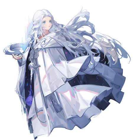 Woman in white robes holding books and books, white haired god, flowing white robes, very long white cloak, White cloak, visual novel sprite, ufotable art style, wearing a flowing cloak, albedo from the anime overlord, albedo from overlord, flowing hair an...