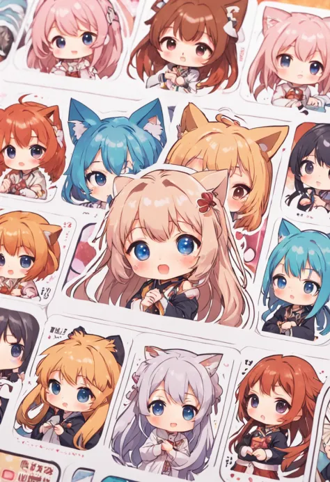 Close-up of a bunch of stickers，There is a different photo of a girl on it, a sticker, unused sticker sheet, Kawaii chibi, kawaii cutest sticker ever, cute kawaii girls, Cute anime, Chibi anime girl, water color nendoroid, Cute anime style, Soft anime illu...