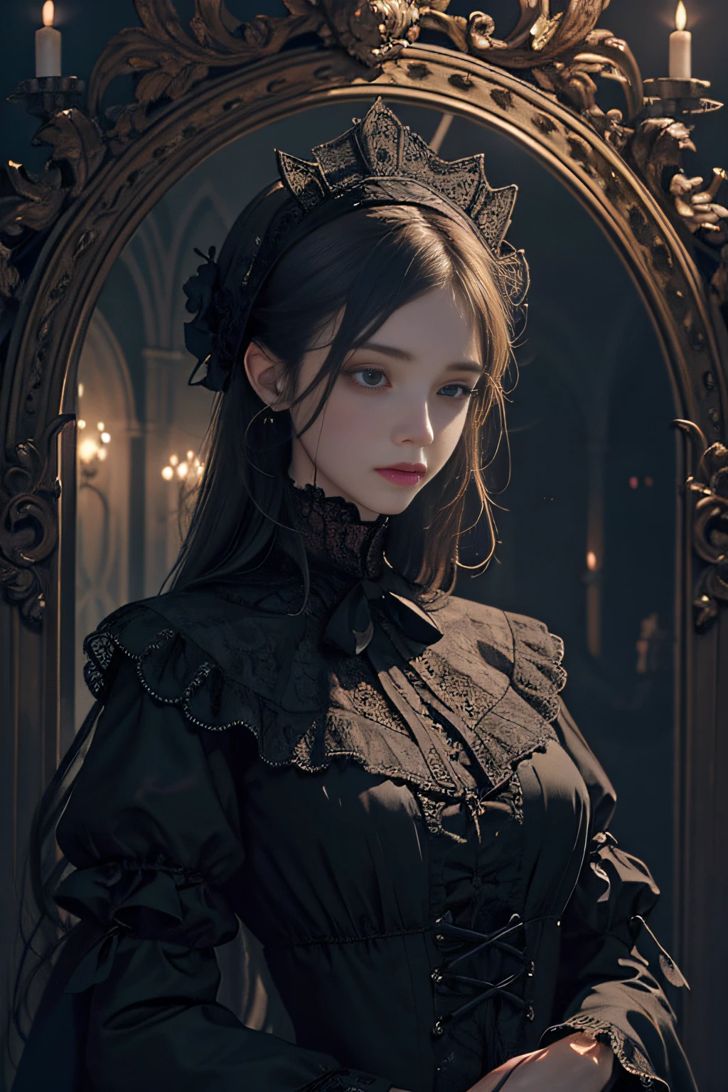 Official Art, Unity 8k wallpaper, super detailed, beautiful, beautiful, masterpiece, best quality,
darkness, atmosphere, mystery, romanticism, creepy, literature, art, fashion, victorian, decoration, intricacies, ironwork, lace, contemplation, emotional depth, supernatural,
1 girl, solo, neck, bust composition