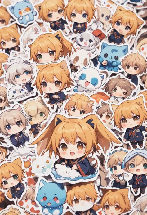 Close-up of a bunch of stickers，There is a different photo of a boy on it, a sticker, unused sticker sheet, Kawaii chibi, kawaii cutest sticker ever, Cute kawaii boy, Cute anime, Chibi anime boy, water color nendoroid, Cute anime style, Soft anime illustra...