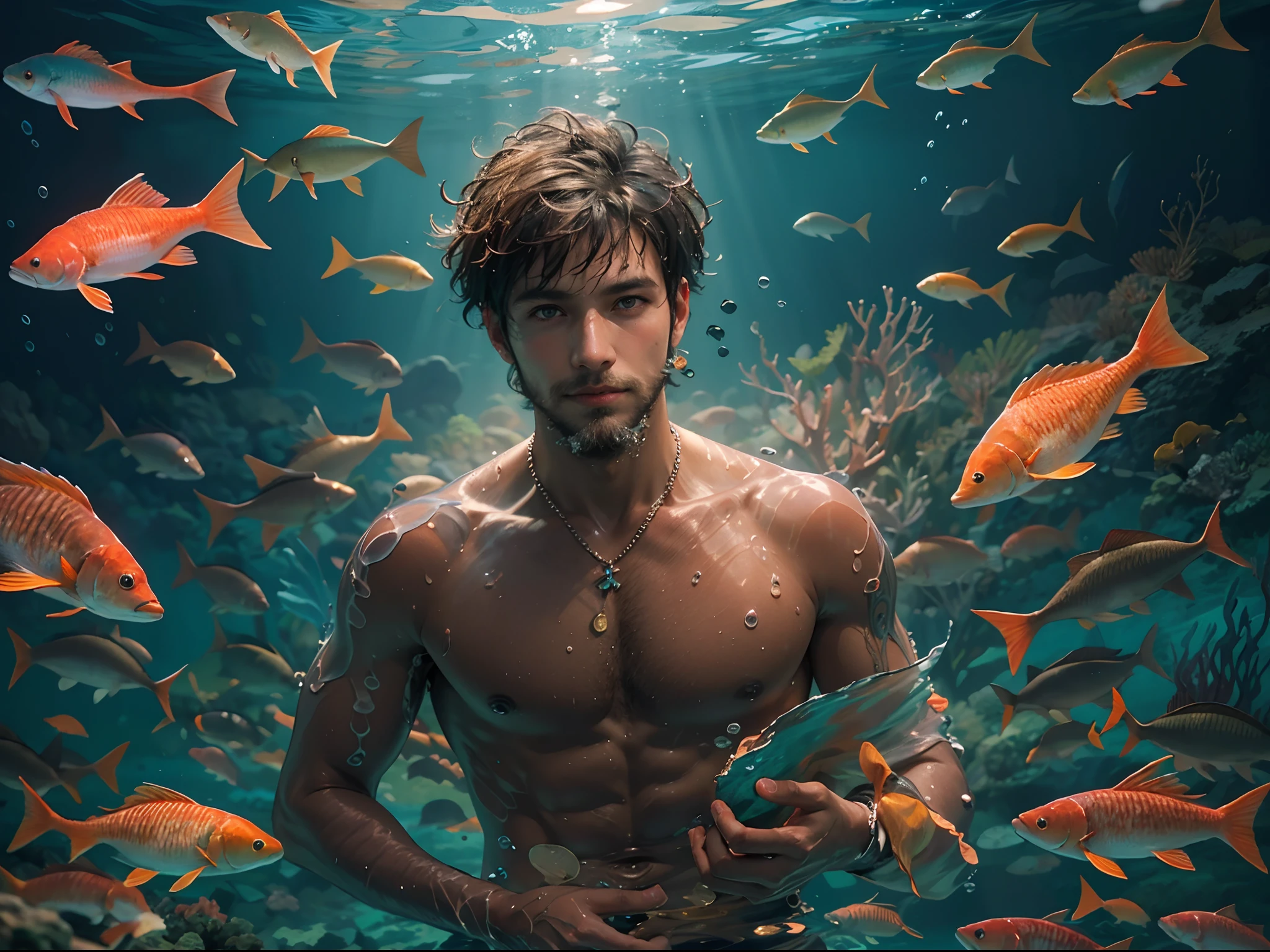 （Highest quality authentic textured skin),(abyssal), (A boy swims in the deep sea:1.5), Handsome facial features, (Sexy short beard:1.5), Burning bright and cold eyes, Strong body, (Shirtless), Bronzed skin,musculous, (He had a mischievous smile on his face),brown  hair,(Dramatic photo:1.4),(flamboyant photo), (Look down at the camera), (A simple necklace hangs around his neck),(Hair flows in water),(Surrounded by redfish),(Underwater, Marine life, Beautiful coral reef, Fish),(Vortices and tidal currents in the background),(Dramaticlight),(Magnificent scene),In the distant background is a temple submerged in a coral reef,the reef,Epic realism,Cinematic feeling,(high-density imaging review:1.5), (Teal and orange:0.4), (Soft color:1.2),Ultra detailed,Dramaticlight,(intricately details:1.1),the complex background,