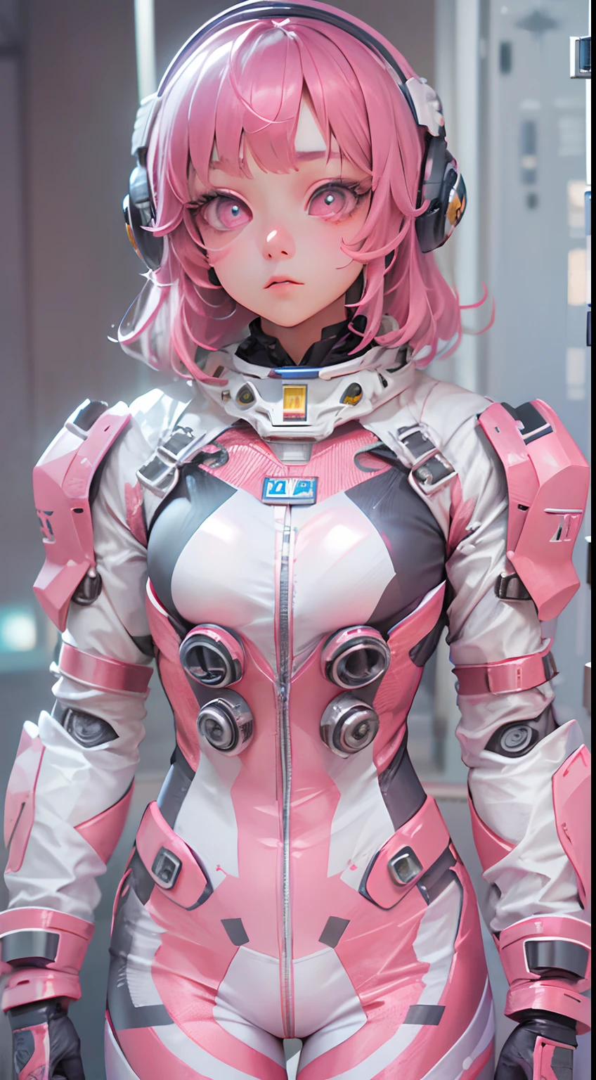 （tmasterpiece：1.3），（best qualtiy：1.3），3d，8K，.1girll，solo，Pink hair，Pink eyes，shelmet，full bodyesbian，Spacesuit，tightsuit，mitts，standing on your feet，Q version