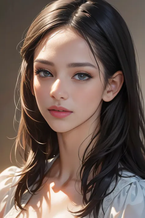(1813271145), (Masterpiece:1.2, Best quality), (Very detailed face, Real pictures, Realistic skin, Realistic body, Complex details), (1lady, Solo, Upper body, mature), Appearance: Gray eyes,Dark hair