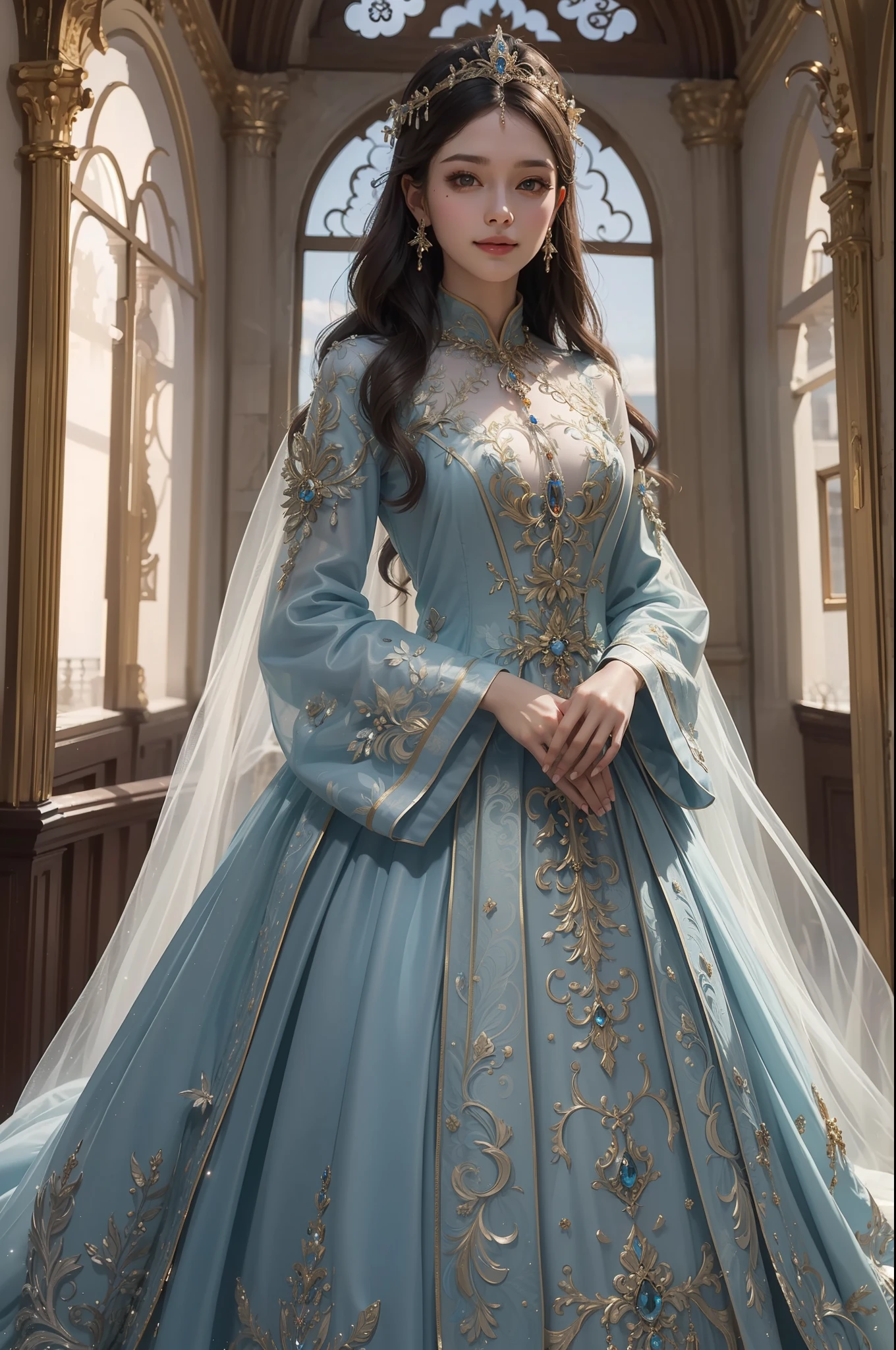 Full body、((top-quality、​masterpiece、in 8K))、Beauty 1 person、delicate and beautiful face、extremely detailed eye and face、beatiful detailed eyes、18year old、（Glamorous luxury dresses）、Beautiful long hair、Elegant smile、（Walk gracefully through the castle）、ornate headdress、Pedras preciosas、Luxury accessories、European-style castle、Cinematic lighting、Textured skin、Super Detail、high detailing、High quality、hight resolution、Medieval European style、Pedras preciosas、looking at viewer、Elegant smile、full body、europian、window