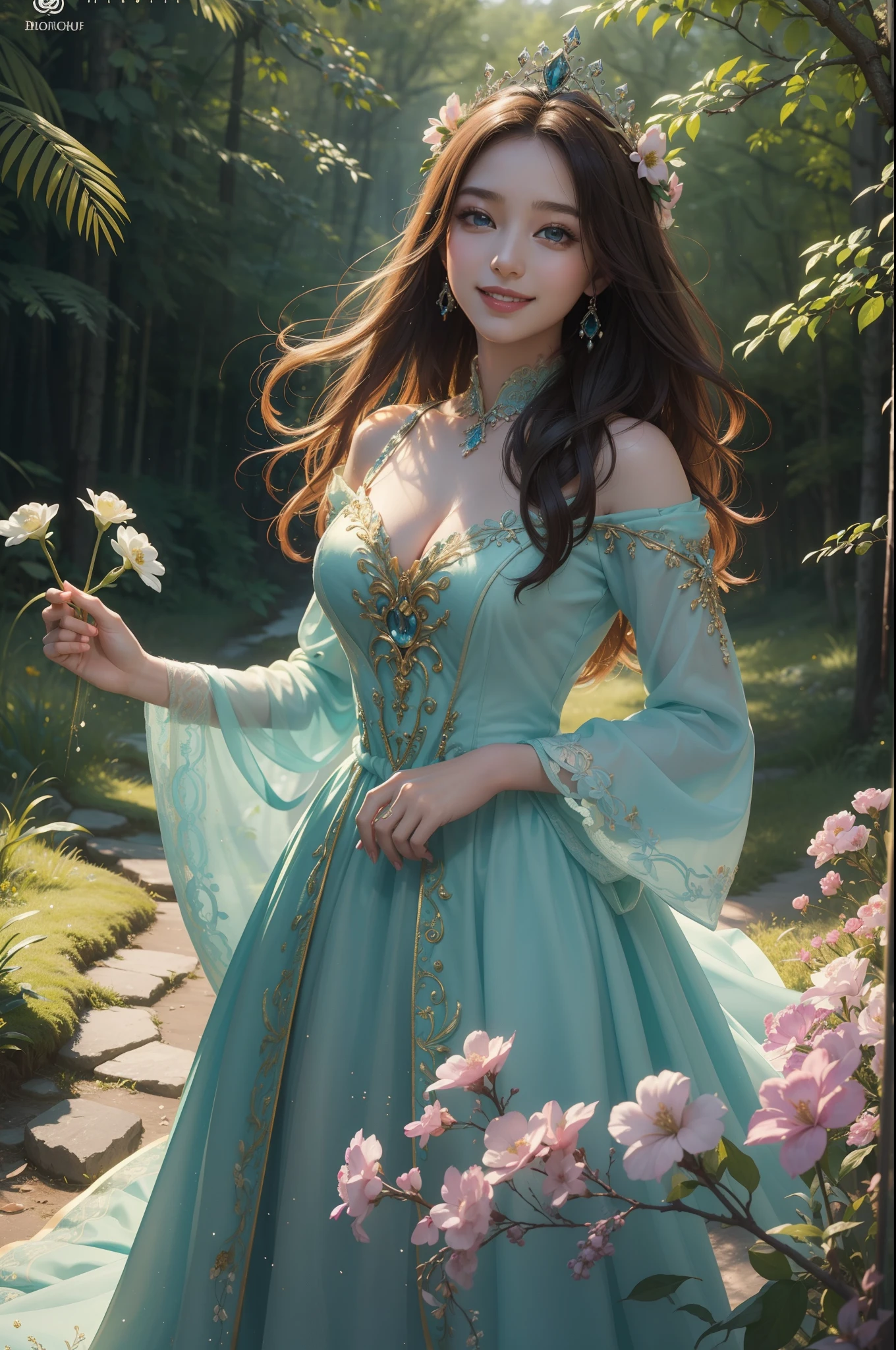 ((最高品質、傑作、写真のような:1.4、8K))、美しい女性、美しい表現、非常に詳細な目と顔、美しく細かい目、レプラコーン、（ヨーロッパ風の神秘的な白いドレス）、（夜明けの森で、花の冠をかぶった妖精の王女、新しい一日の始まりを描く。彼女の笑顔と彼女を取り巻く活気ある自然、美しいハーモニーを創る。）、映画照明、キメのある肌、スーパーディテール、細部までこだわった、高品質、高解像度、視聴者を見る、優雅な笑顔、全身、