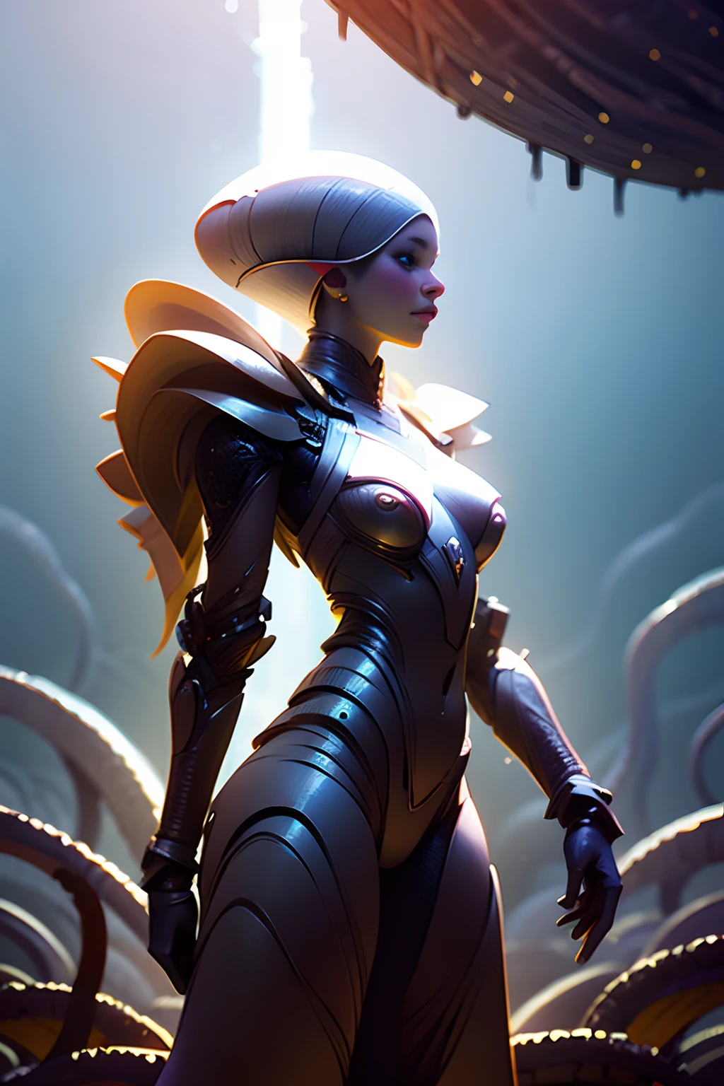 A female character, dressed in an alien tentacle\bone armor, immersed in a Lovecraftian atmosphere and creatures