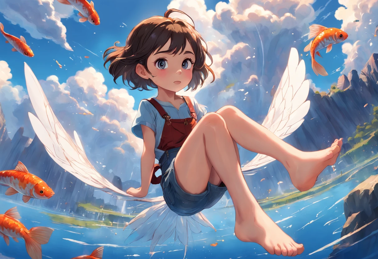 Anime girl sitting on a flying fish with her legs up - SeaArt AI