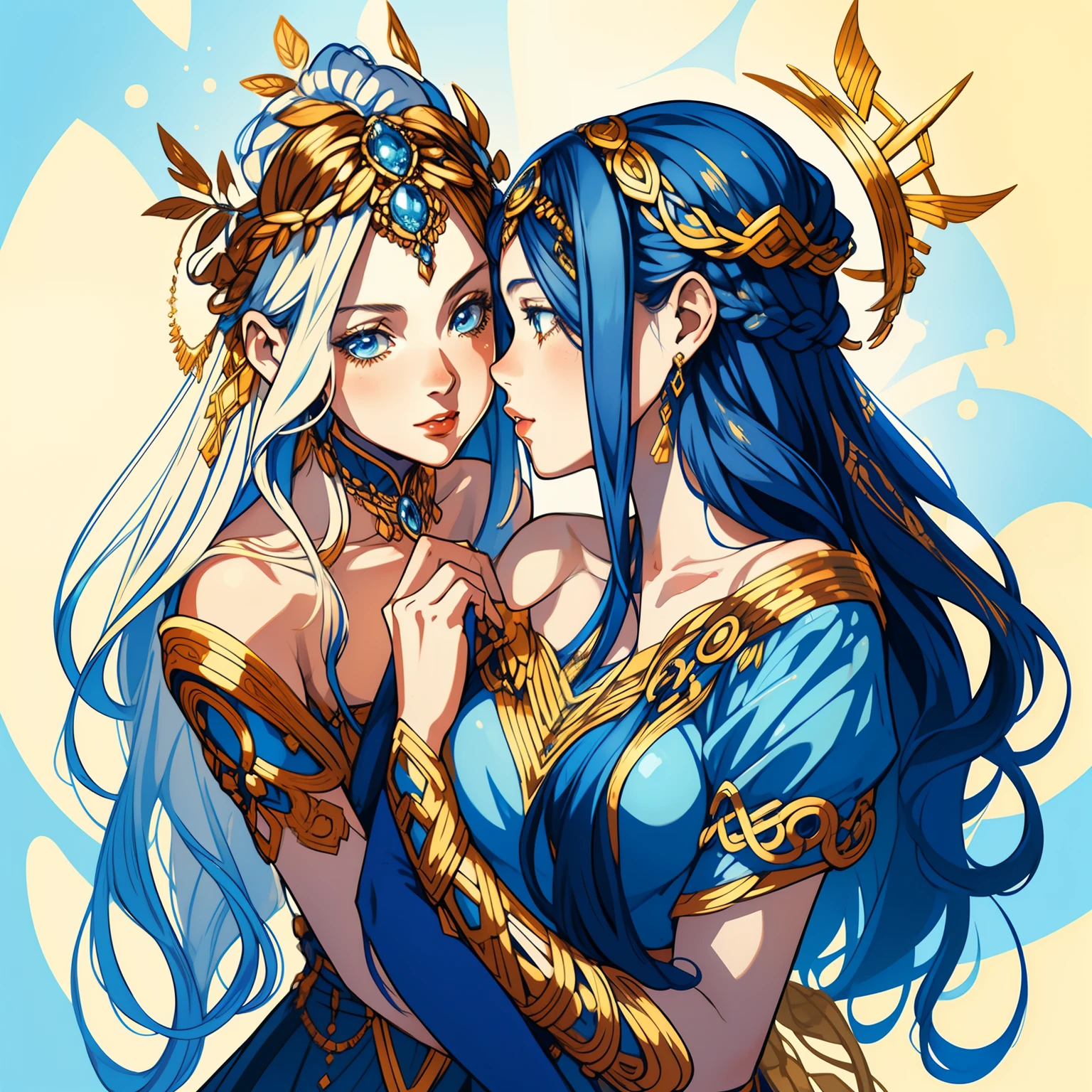 adesivo, fundo simples, portrait, 2 girls, couple, kissing, girl with long hair, beautiful goddess girl, goddess aesthetic, beautiful girl, very beautiful fantasy art, beautiful and elegant female goddess, beautiful detailed fantasy, yellow and blue color palate, blue color-theme