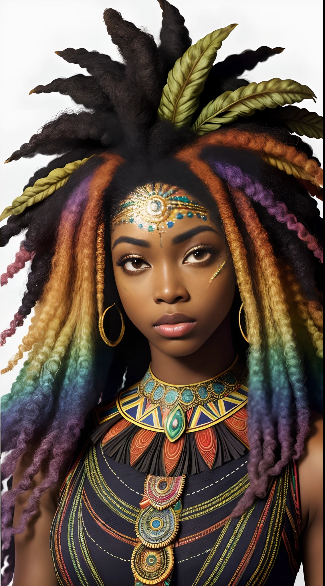 Déesse africaine, beau visage, cheveux arc-en-ciel en désordre luxuriants à texture afro, peau sombre, yeux hétérochromes, cheveux vraiment bouclés