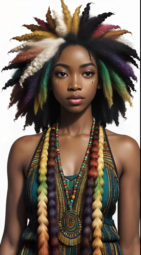 Deusa africana, beautiful face, luxuriant afro-textured messy rainbow hair, pele escura, Olhos heterocromiados, cabelo realmente...