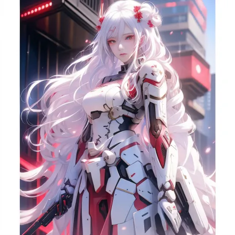 Anime girl with long white hair and red eyes standing in a building, White-haired god, anime style like fate/stay night, white h...
