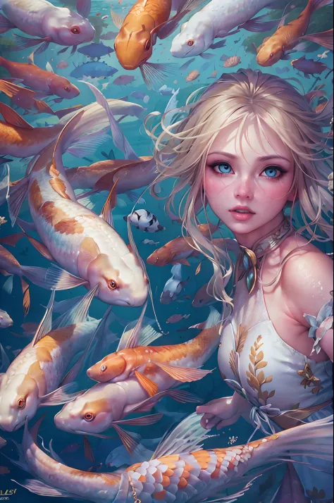 high details, best quality, 16k, RAW, [best detailed], masterpiece, best quality, (extremely detailed), full body, ultra wide shot, photorealistic, fantasy art, RPG art, D&D art, a picture of a mermaid swimming with koi fish under the sea, exqisite beautif...