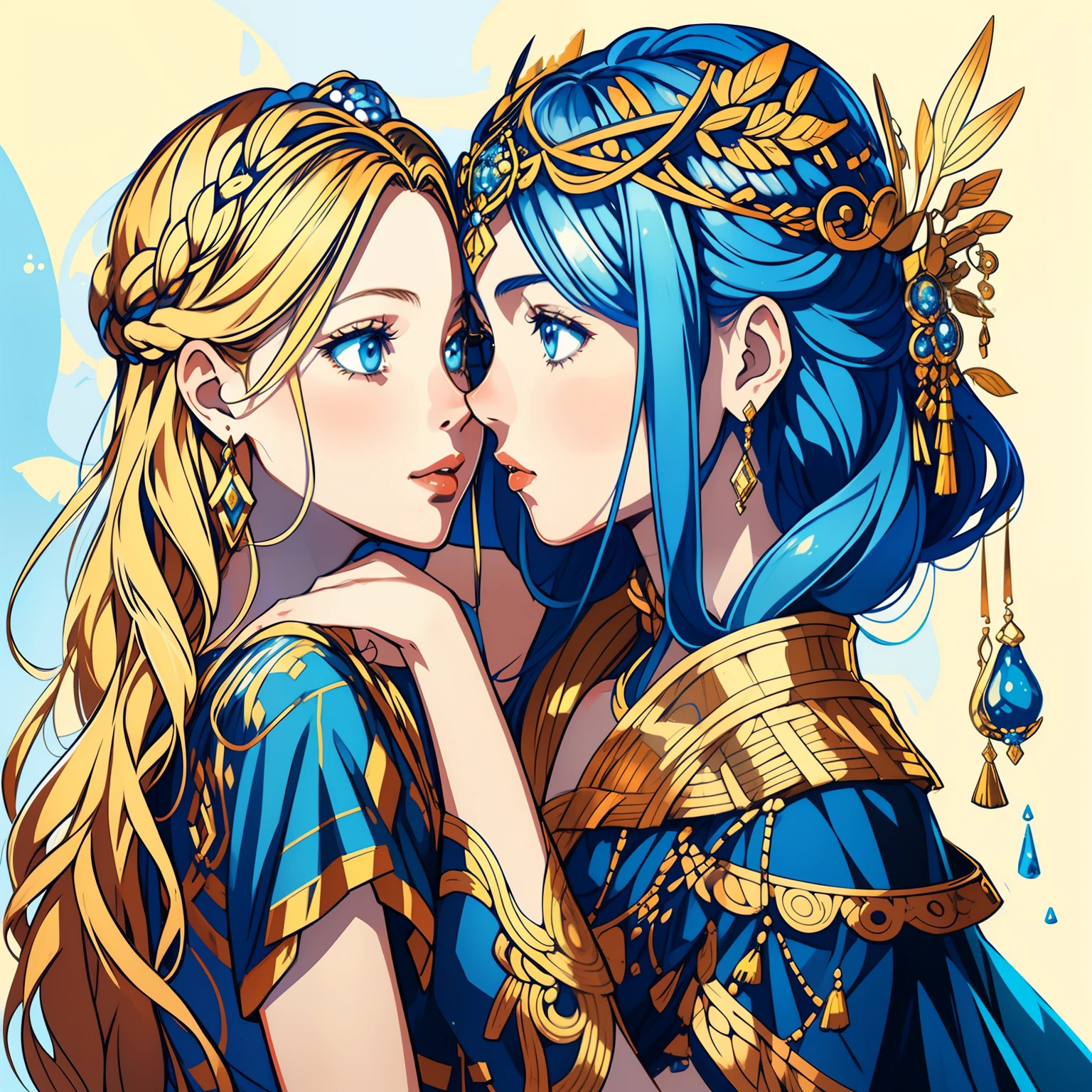 adesivo, fundo simples, portrait, 2 girls, couple, kissing, girl with long hair, beautiful goddess girl, goddess aesthetic, beautiful girl, very beautiful fantasy art, beautiful and elegant female goddess, beautiful detailed fantasy, yellow and blue color palate, blue color-theme