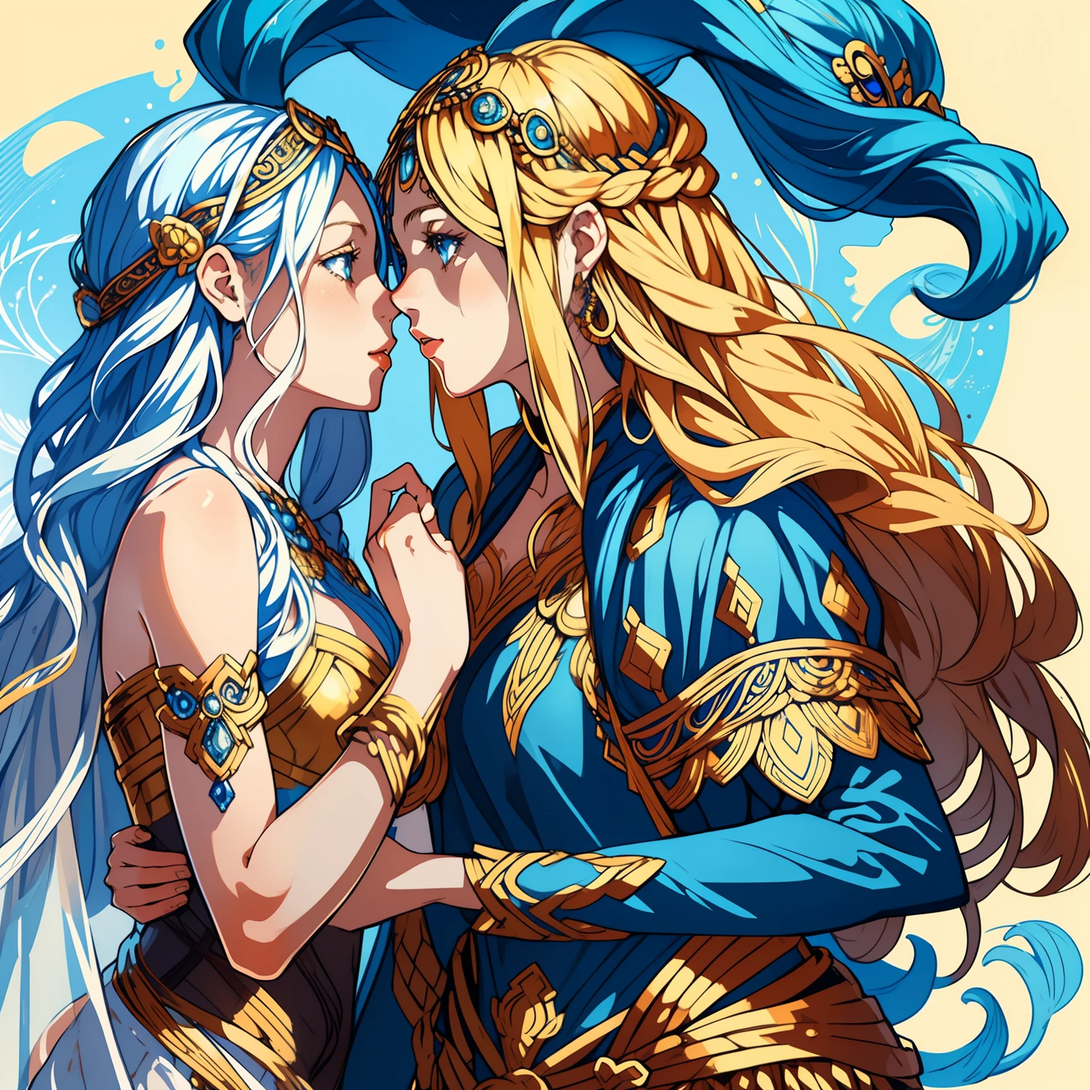 adesivo, fundo simples, portrait, 2 girls, couple, kissing, girl with long hair, beautiful goddess girl, goddess aesthetic, beautiful girl, very beautiful fantasy art, beautiful and elegant female goddess, beautiful detailed fantasy, yellow and blue color palate, blue color-theme