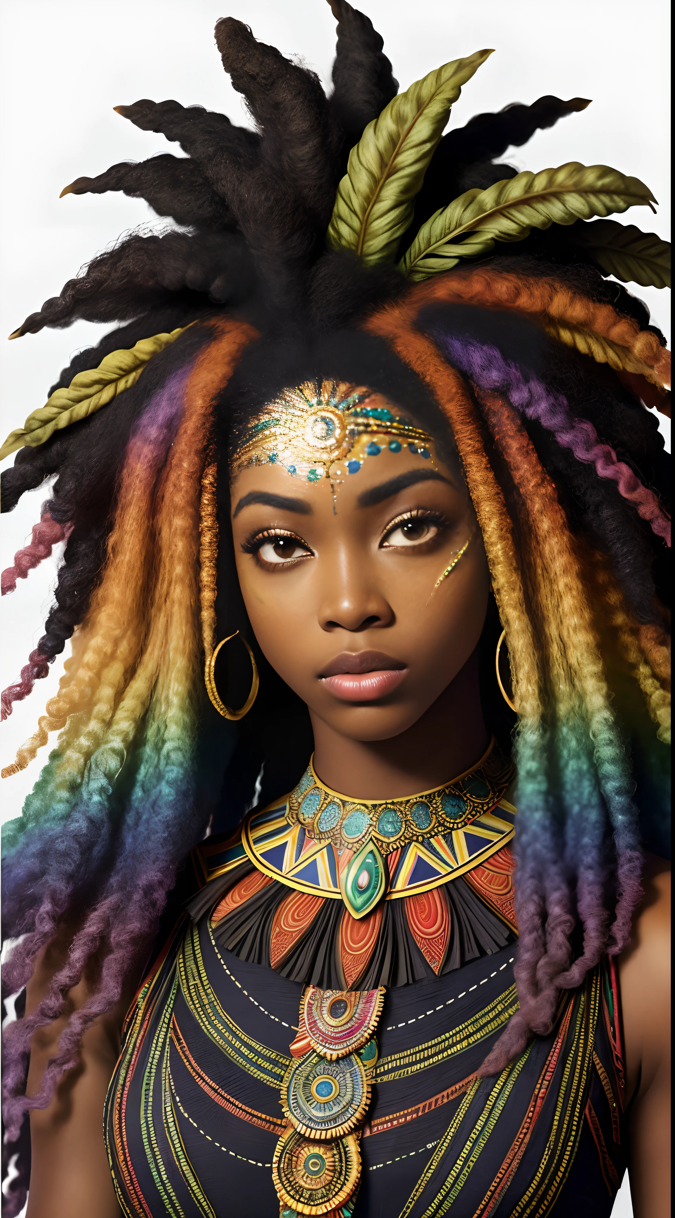 非洲女神, 漂亮的臉蛋, 華麗的非洲紋理凌亂彩虹頭髮, 暗黑皮膚, 異色眼, 真的捲髮