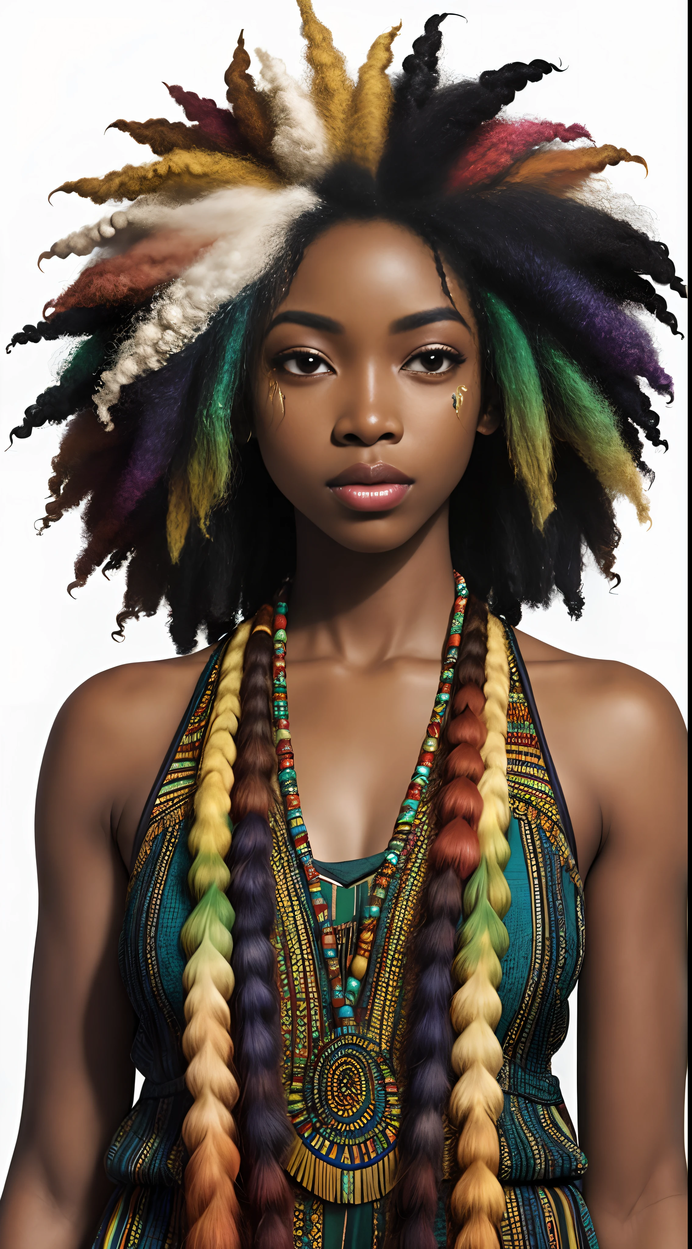 Deusa africana, rosto bonito, luxuriante afro-texturizado cabelo arco-íris bagunçado, pele escura, Olhos heterocromiados, cabelo realmente cacheado