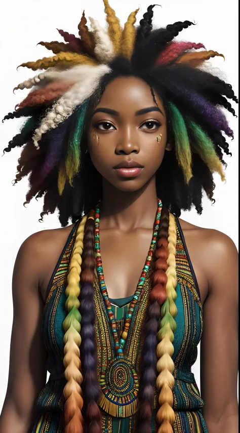 deusa africana, beautiful face, luxuriant afro-textured messy rainbow hair, pele escura, olhos heterocromiados, cabelo realmente...