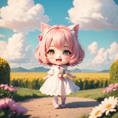 （（（Super masterpiece、top-quality、ultra - detailed、1 cat girl、tchibi：1.4）））、There are big clouds、white dresses、A smile、Pink open sky、Fantastic pink garden background、（tchibi：1.4）、Composition full body、Dye your cheeks、open open mouth