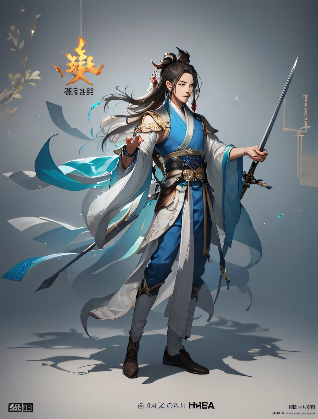1. Wear Hanfu，Man with sword, White background,zhao yun, concept-art, (full-body xianxia),Yang Qi, xianxia hero, Inspired by Zhao Yuan, Inspired by Huang Shen,Height, Detailed, (Masterpiece,Best quality, Extremely detailed), 8K,malefocus,((Handsome face)),Cool,Handsome,((Hanfu)),Blank background,Glow-in-the-dark background,