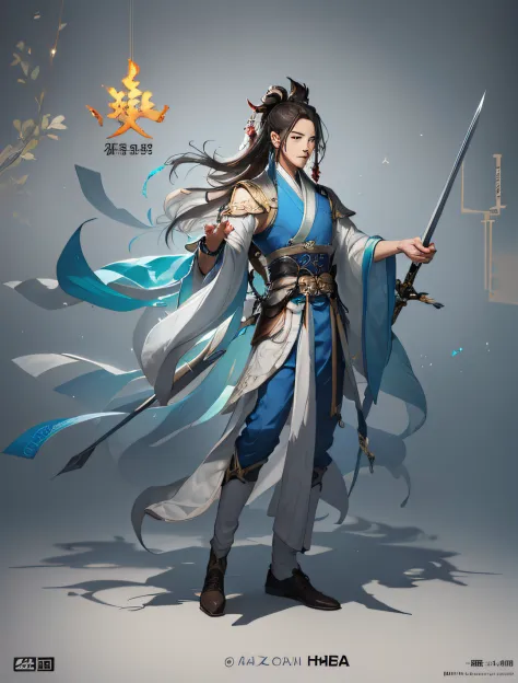 1. Wear Hanfu，Man with sword, White background,zhao yun, concept-art, (full-body xianxia),Yang Qi, xianxia hero, Inspired by Zha...