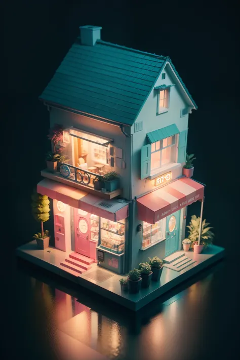 the ice cream shop，3D realism，Cute toy sculpture style，Suhiro Maruo，Pink and amber，k-pop，super detailing，2.5D，isometry，clean backdrop，Fine shine，Popmart blind box，3Drenderingof，C4D，Blender，best qualtiy，Perfect detail --ar 3:4
6、A modern home in a dark city...