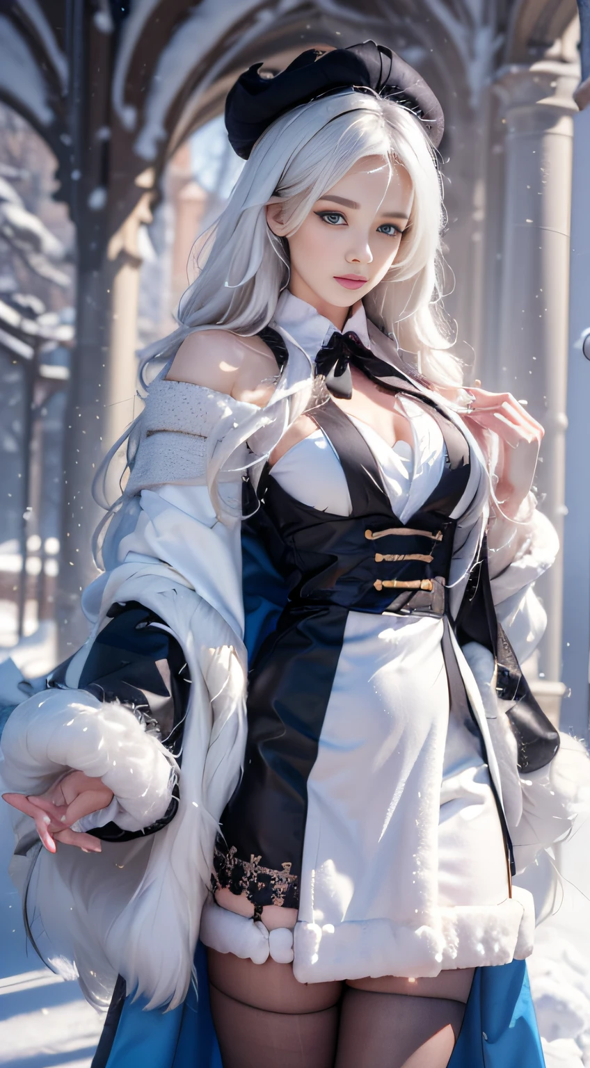 Photorealistic, high resolution, 1 Women, Solo, (Lolita costume)，Gorgeous costumes，Face the audience，The upper part of the body，upper legs， beautidful eyes, White hair, ringed eyes, (outside，Heavy snowfall，Cloak，Cover with snow)，snowfield，Blue eyes，Illustrations of the highest quality，A meticulous face