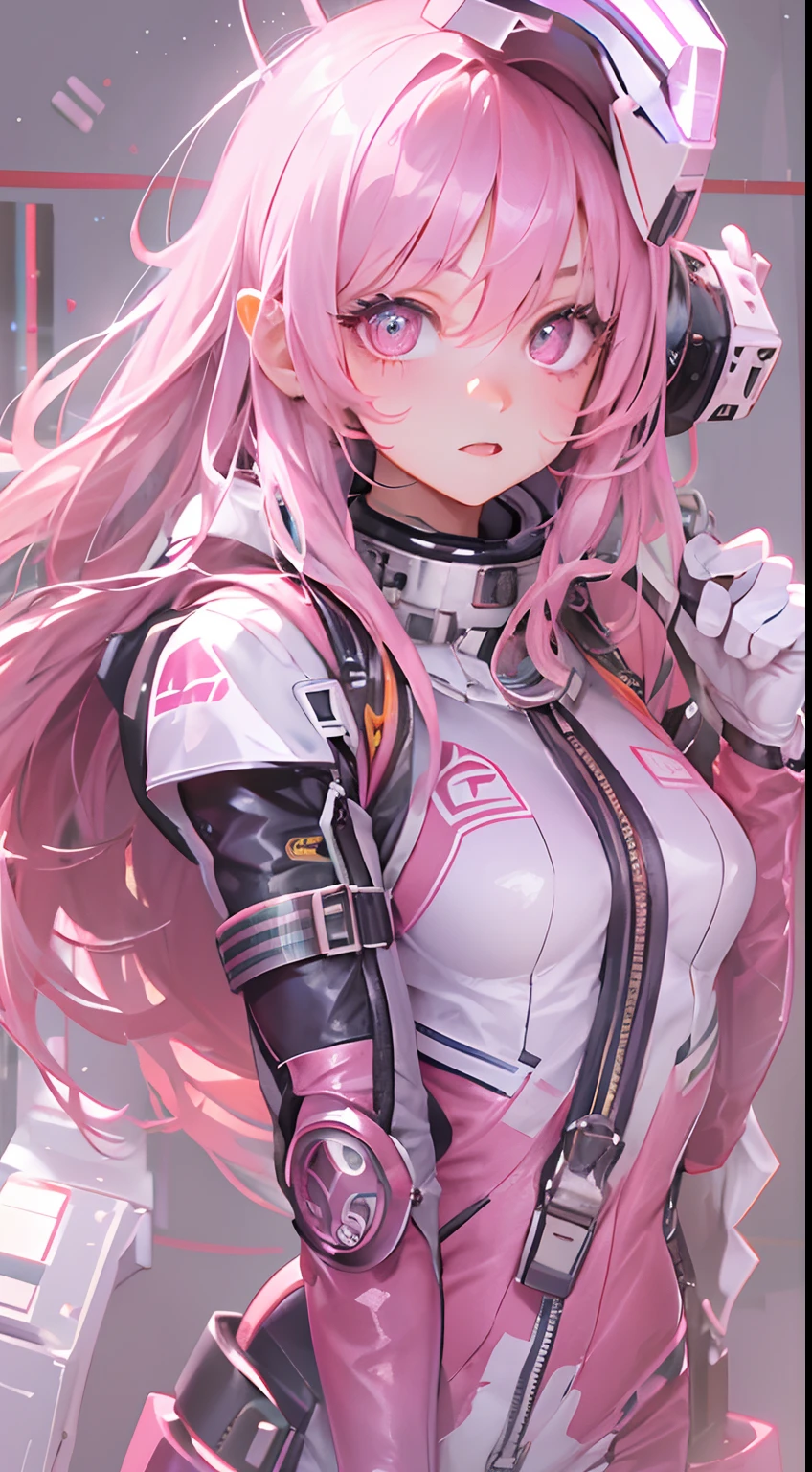 （tmasterpiece：1.3），（best qualtiy：1.3），3D，8K，.1girll，独奏，Pink hair，Pink eyes，shelmet，full bodyesbian，Spacesuit，tightsuit，mitts，standing on your feet，Q version