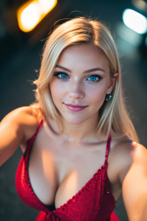 (selfie shot, from above:1.4), (half body postrait:1.4), RAW uhd portrait photo of a 24-year-old blonde (blue-eyed woman) walking down a dark alleyway, natural breasts_b, nighttime city background, (red sundress), (cleavage), detailed (textures!, hair!, sh...
