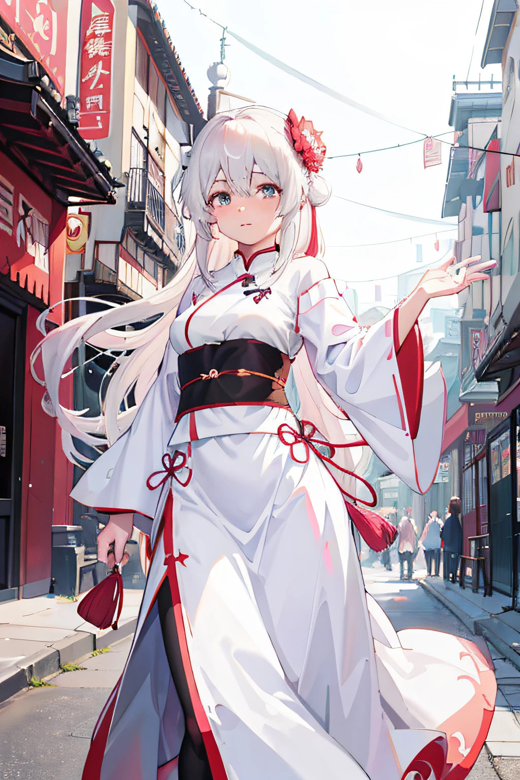 Anime - Style woman in white and red dress walking down the street, white-haired god, Guweiz in Pixiv ArtStation, Guviz, Guweiz on ArtStation Pixiv, Best anime 4k konachan wallpaper, style of anime4 K, Palace ， A girl in Hanfu, flowing white robe, Guviz-style artwork