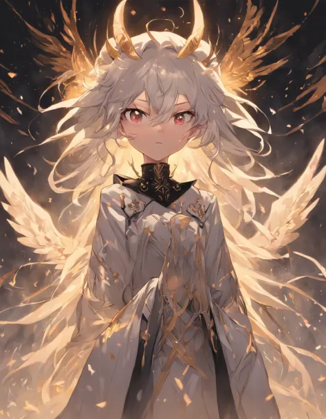 white color hair，The hair dragged to the ground，The hair ends are dotted black，Intricate and delicate clothes，gold eyes，light make-up，Behind him are half-black, half-white wings，Fine facial features portrayal，Don't be too handsy，Master masterpieces，black h...