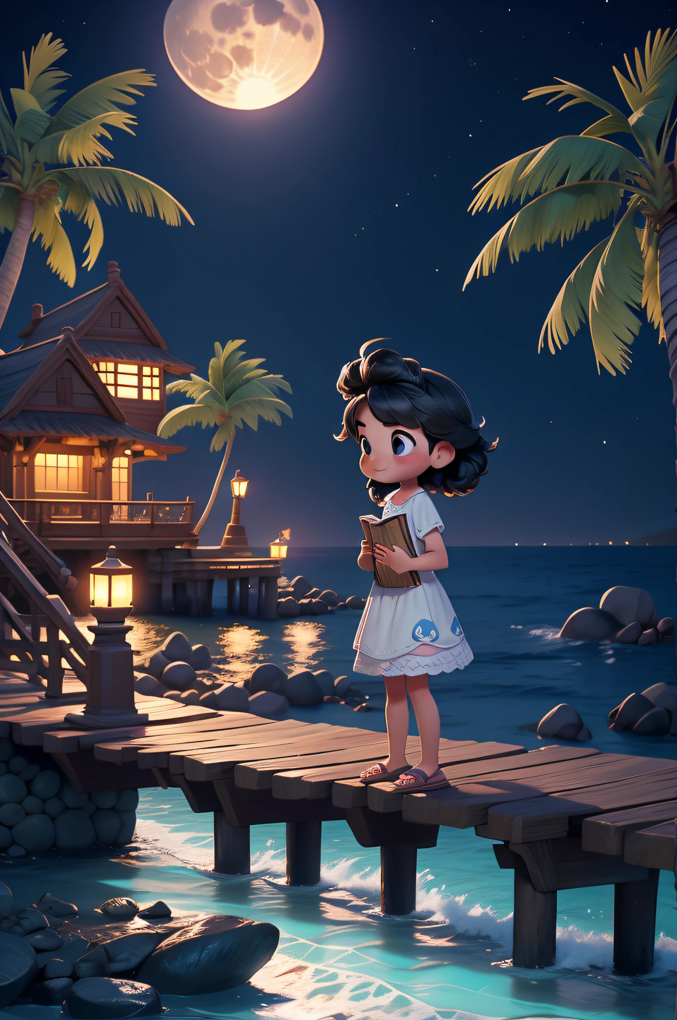 chef-d&#39;œuvre, meilleure qualité, 1 fille, Lisez un livre sur une jetée en pierre au bord de la mer，la nuit，grande pleine lune en arrière-plan，Il y a quelques lapins mignons autour，cocotiers，style Pixar，À la manière de Disney，