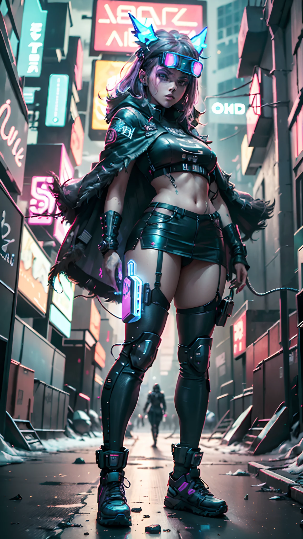((Best quality)), ((masterpiece)), (highly detailed:1.3), 3D,NeonNoir, beautiful cyberpunk woman,(wearing head-mounted display that is chunky and hi-tech:1.2),wearing a cape,hacking a computer terminal,PURPLE NEON LIGHT FROM MONITOR, GREEN NEON SIGNS ON THE WALL,, full body view, street punk, standing in street.