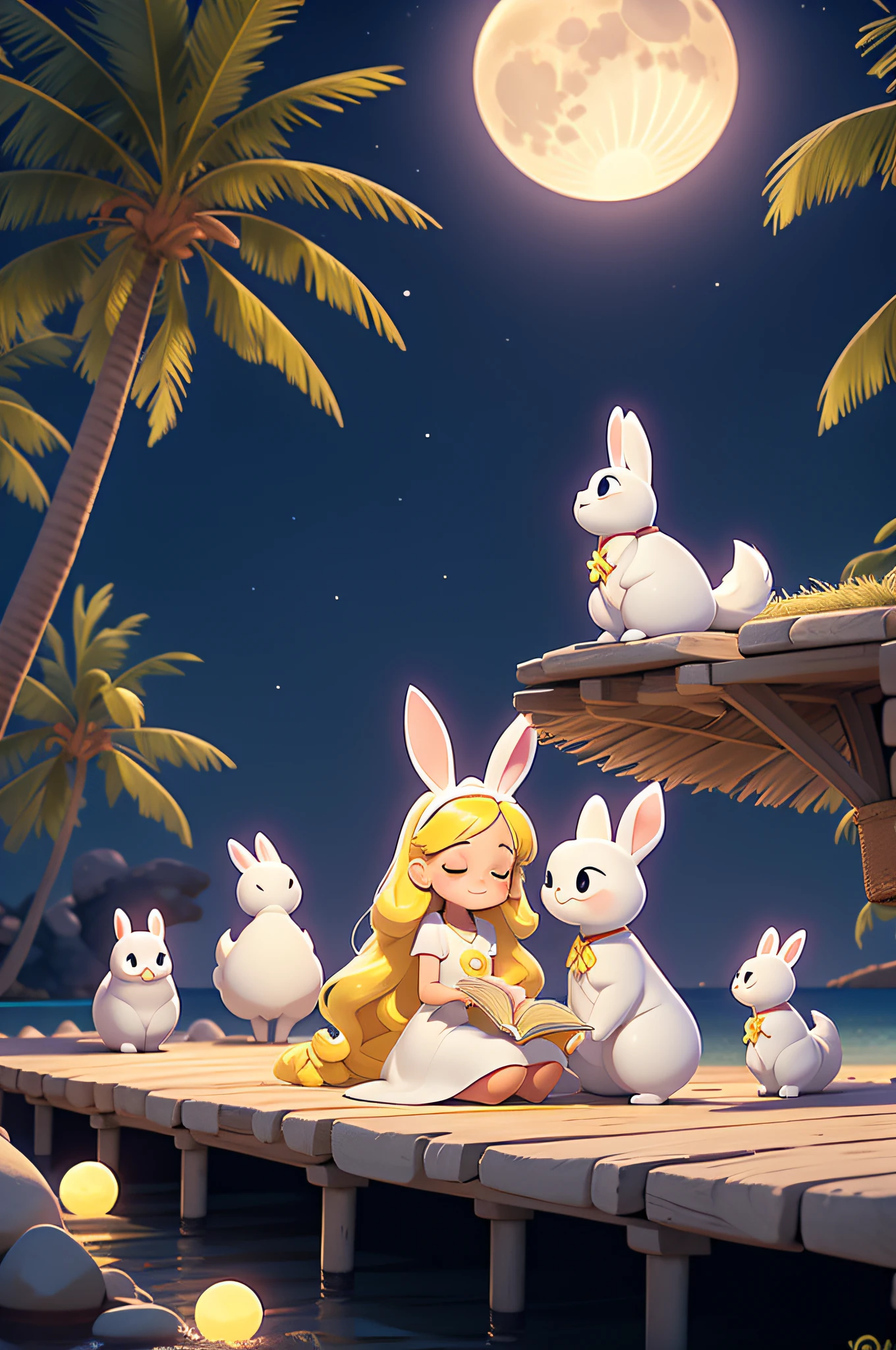 tmasterpiece, best qualityer, 1 young girl, long whitr hair，Yellow hair，white dresses，There are a couple of cute rabbits，sandbeach，Lie on the stone pier and read happily，the night，There is 1 oversized Full Moon in the sky，coconut palms，Bright shades，pixar-style，Disney  style，