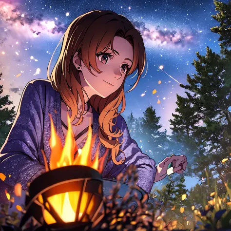 woman, age 30, milf, camping by a bonfire, roasting marshmallows and gazing up at a star-filled sky with wonder