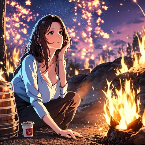beautiful woman, age 30, milf, camping by a bonfire, roasting marshmallows and gazing up at a star-filled sky with wonder