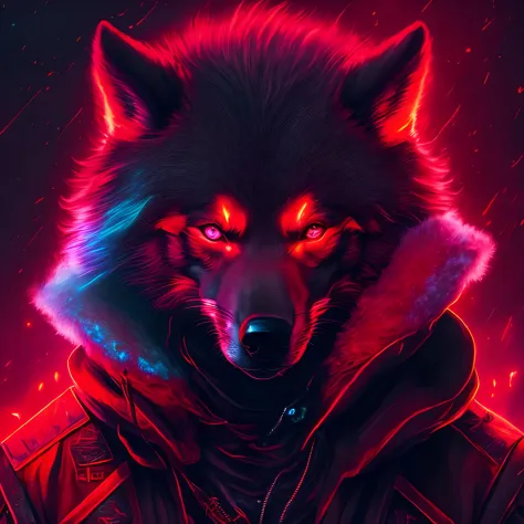 Retrato sombrio de um lobo com roupa escura de capuz, interior da roupa escura estilo hacker, olhos vermelhos iguais um tochas pegando fogo, fundo escuro, Cyberpunk, luzes neon