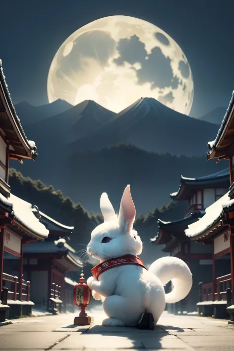 #Draw a white rabbit with an animated touch of Japan、The white rabbit's forehead has a big "X"There are characters of。The background is a large shrine in Japan red、A rabbit is trying to grab the tail of a green Japan dragon trying to escape。The green drago...