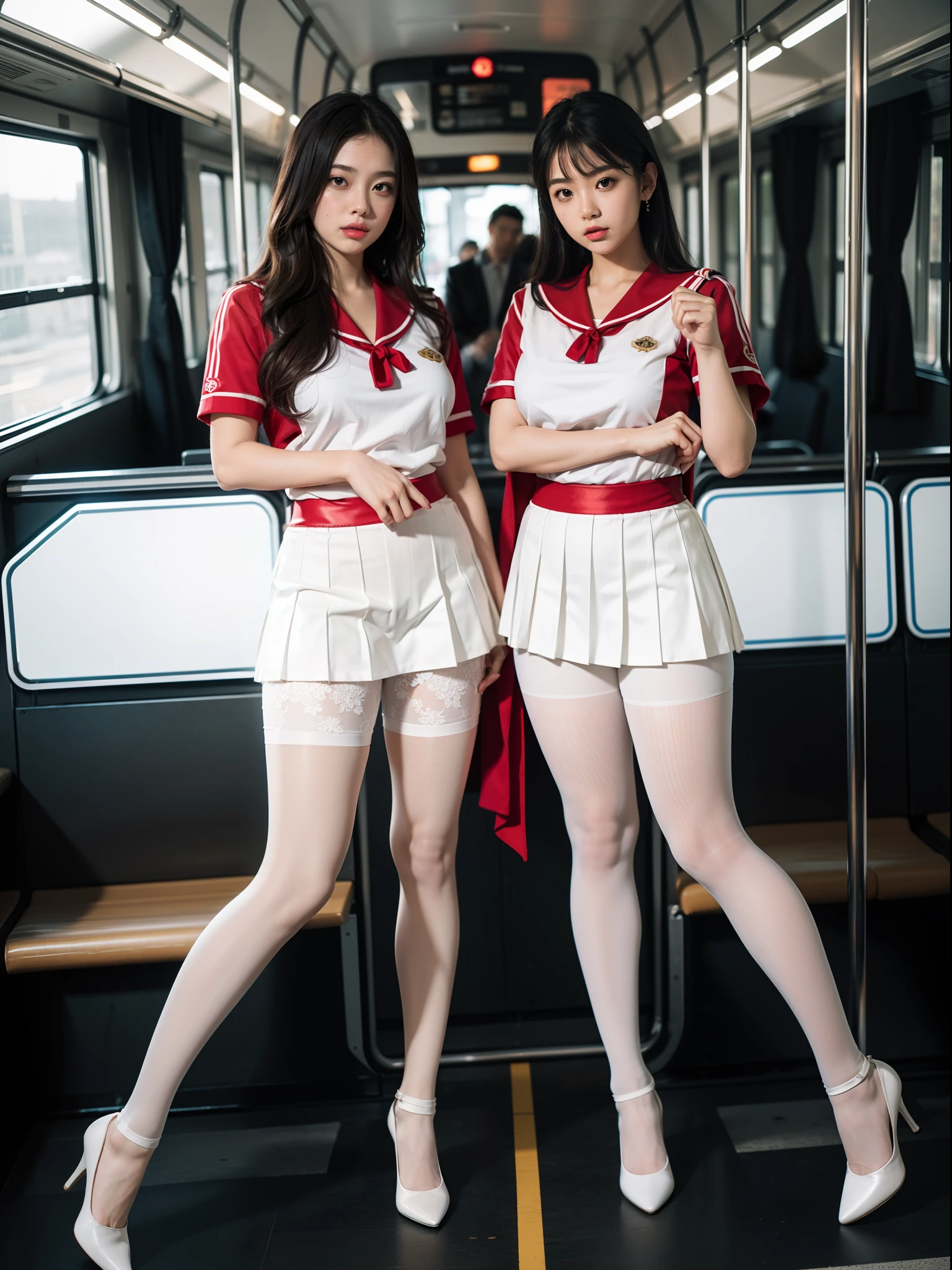 Two women in short skirts and high heels standing on a bus - SeaArt AI