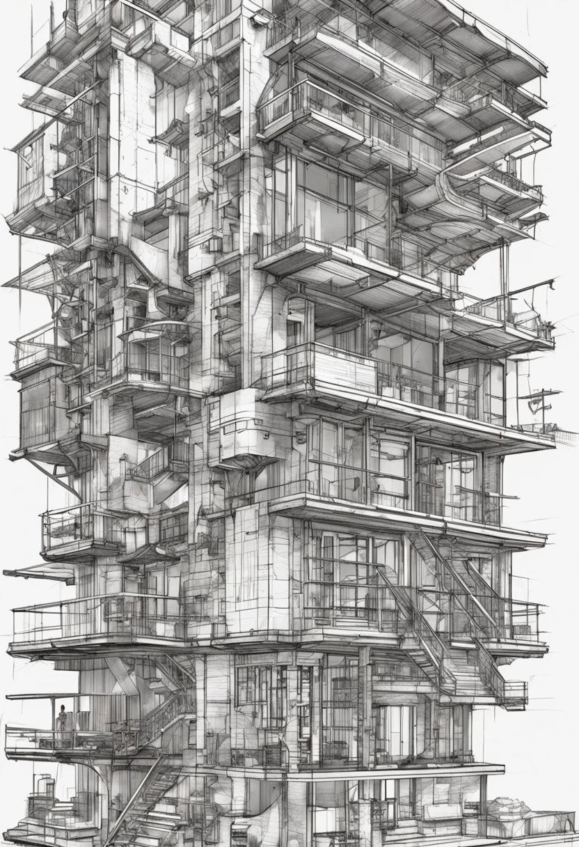 A Drawing Of A Tall Building With Many Windows And Balconies - Seaart Ai