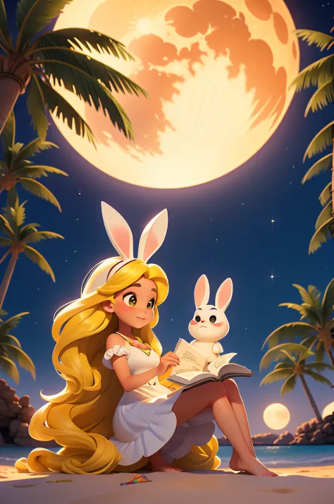 tmasterpiece, best qualityer, 1 young girl, long whitr hair，Yellow hair，white dresses，There are a couple of cute rabbits，sandbea...
